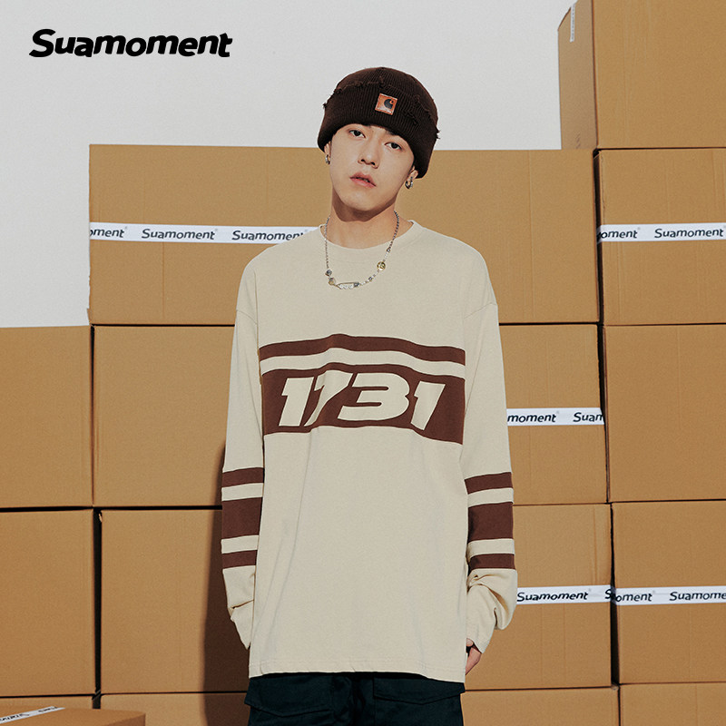 suamoment抓痕1731撞色条纹长袖卫衣男百搭休闲宽松t恤