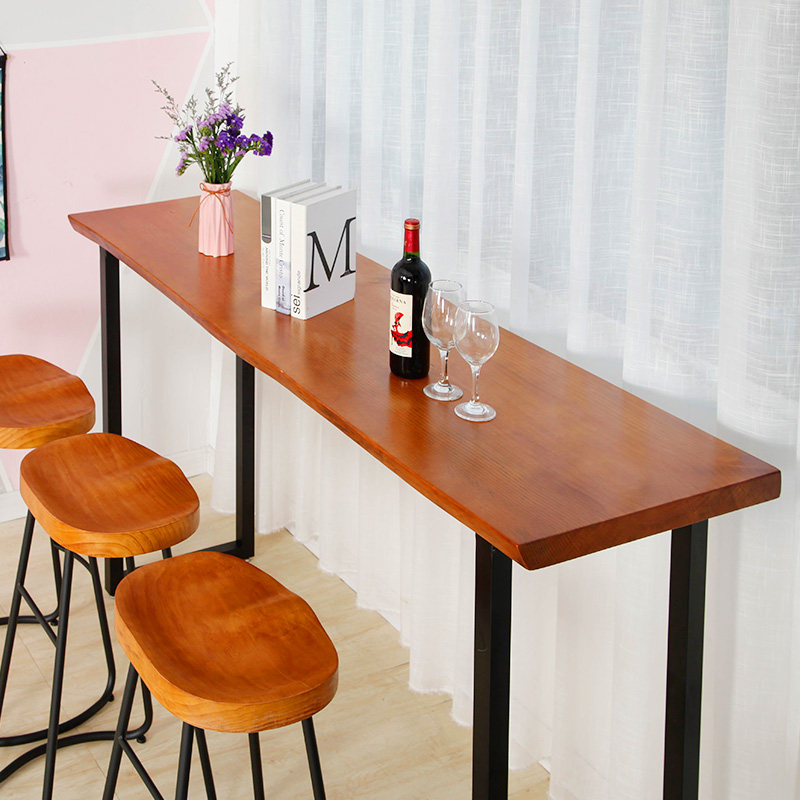 实木吧台桌简易高脚靠墙奶茶店吧台家用铁艺长条酒吧吧台桌椅组合