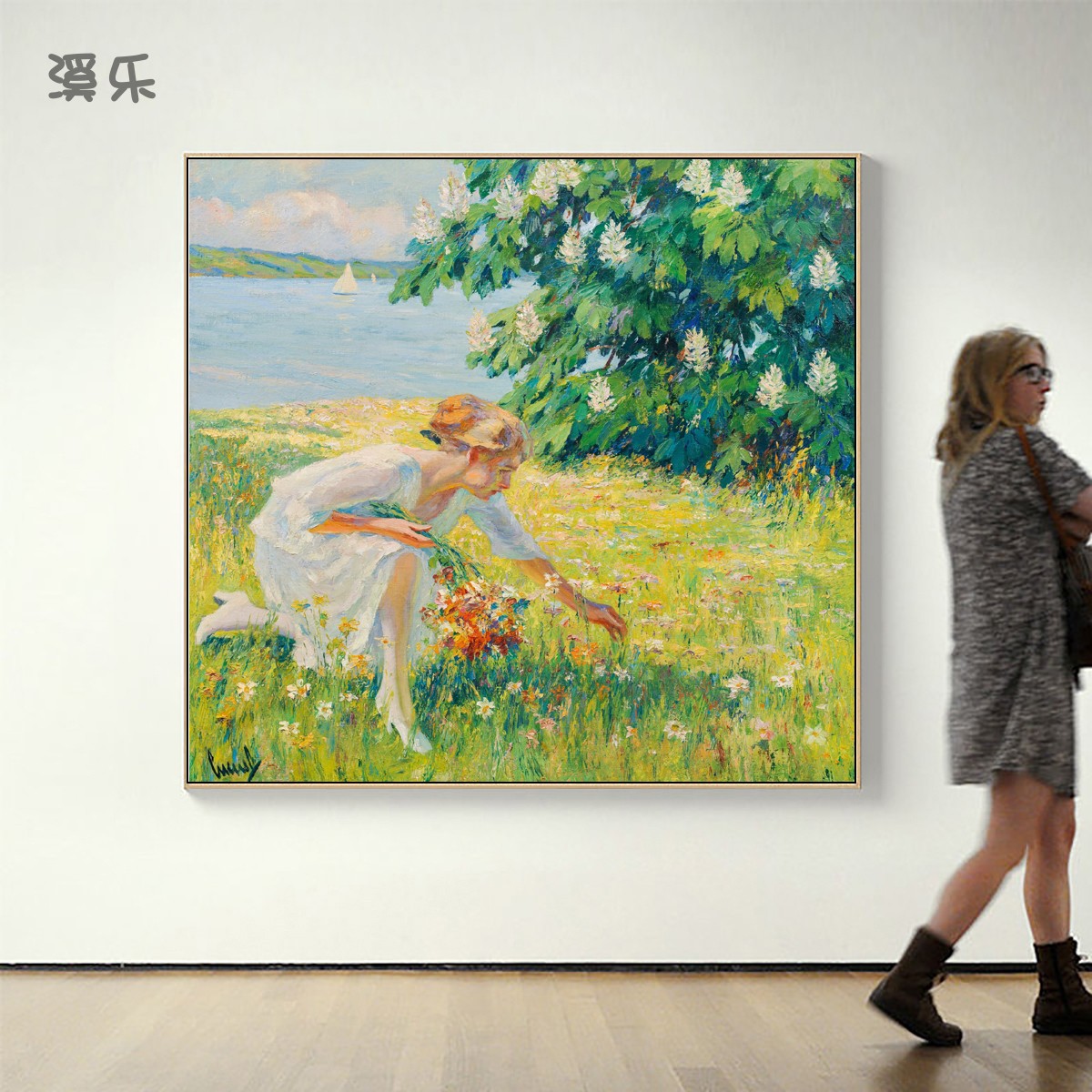 海边帆船撑伞采花女子欧式人物风景装饰油画现代装饰画