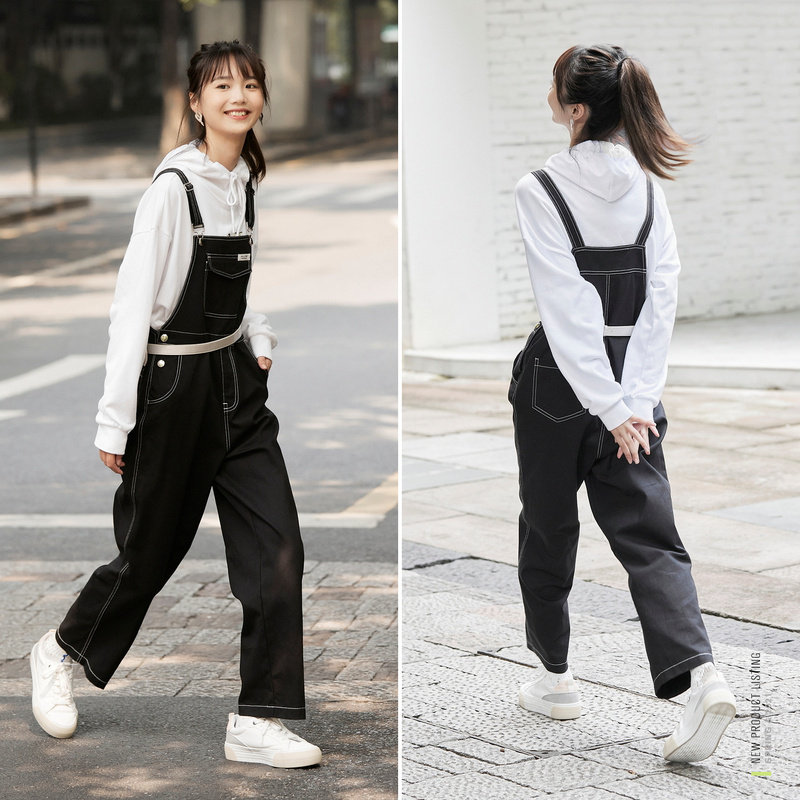 森马休闲裤女纯棉背带裤冬季新款简约黑色阔腿裤女生百搭韩版