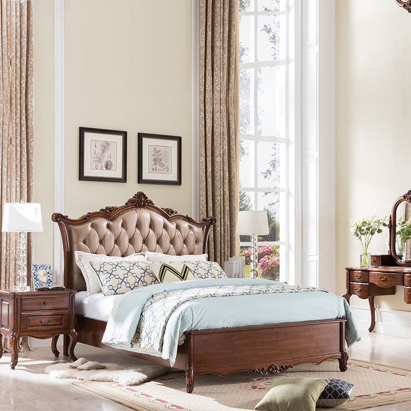 威灵顿美式简约真皮现代简美轻奢实木双人床别墅皮艺床