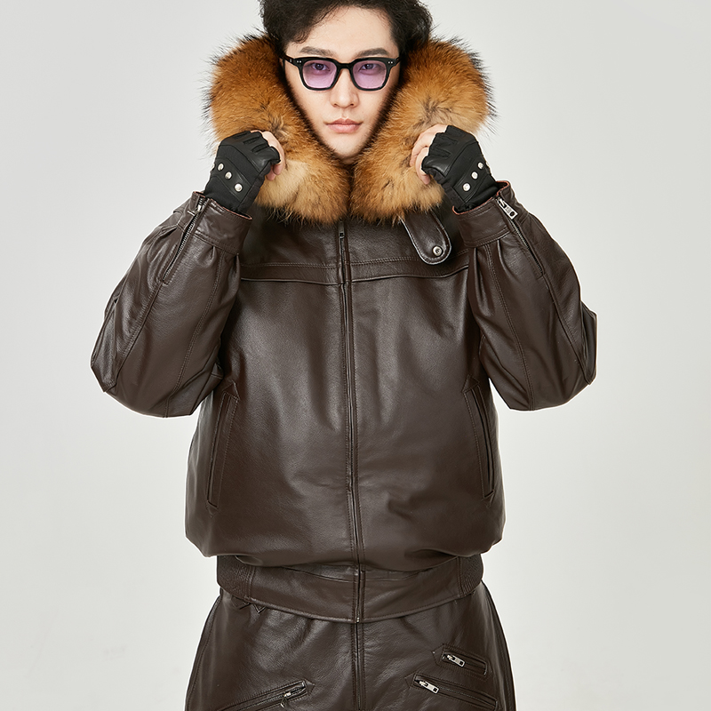 头层鹿皮皮衣皮裤套装男加加厚皮毛一体飞行员皮衣