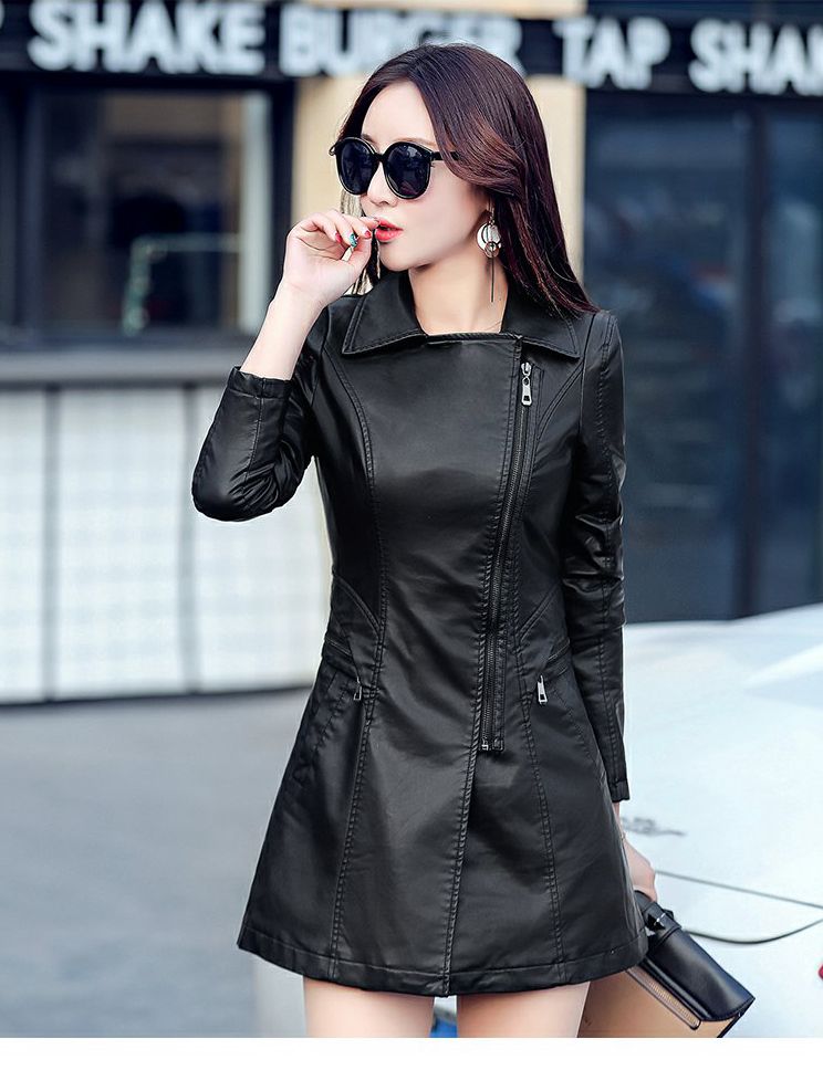 中长款皮衣女2019春秋新款时尚修身拉链显瘦pu皮收腰风衣加棉外套