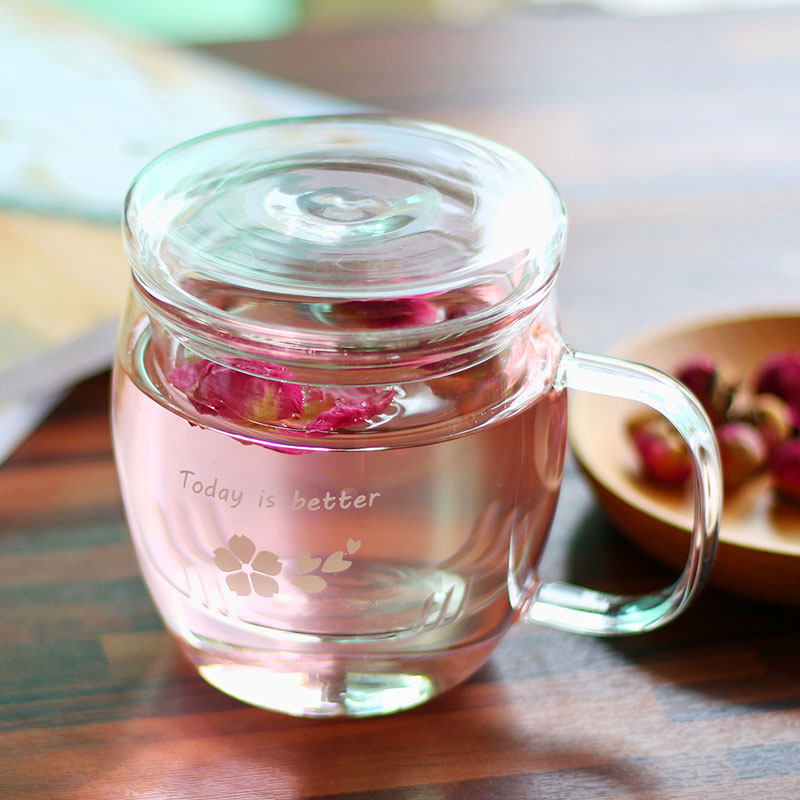 vankine玻璃杯花茶杯耐热办公室泡茶套装带盖过滤女士家用水杯子