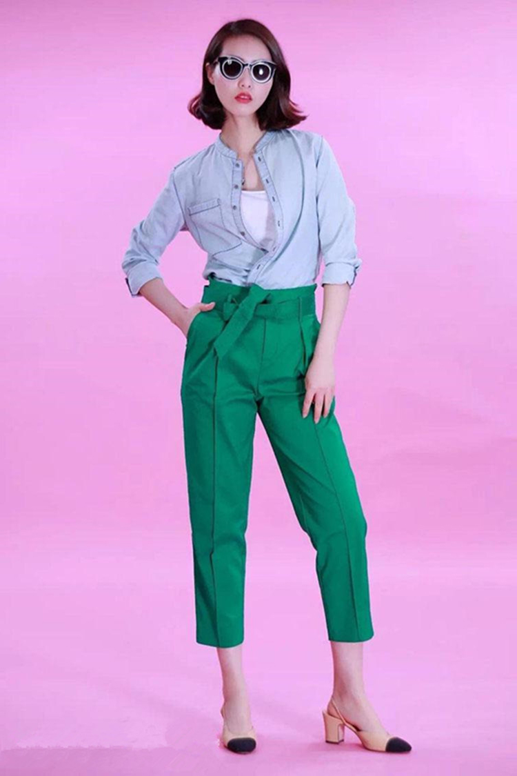 郡诗2022春夏新款藏青青色锥形裤系腰带筒裤休闲裤