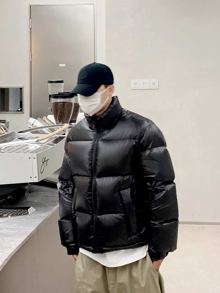 潮牌短款羽绒服男 冬新款立领亮面加厚460g白鹅绒宽松面包服外套