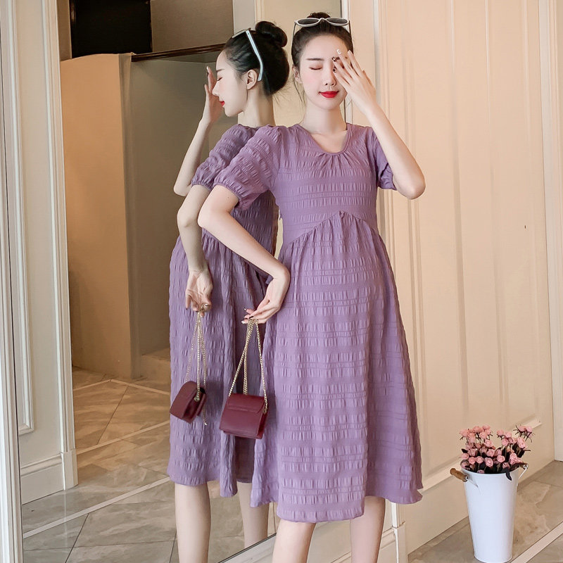孕妇夏装怀孕期简单款宽松过膝长裙时尚辣妈裙舒适夏季孕妇连衣裙