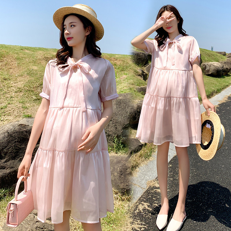 孕妇夏装怀孕期宽松松显蝴蝶结衣时尚辣妈裙大码夏季连衣裙
