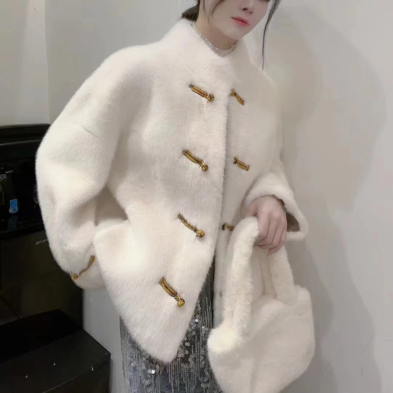 欧洲站保暖盘扣立领国风中国时尚高端皮草金貂毛呢外套