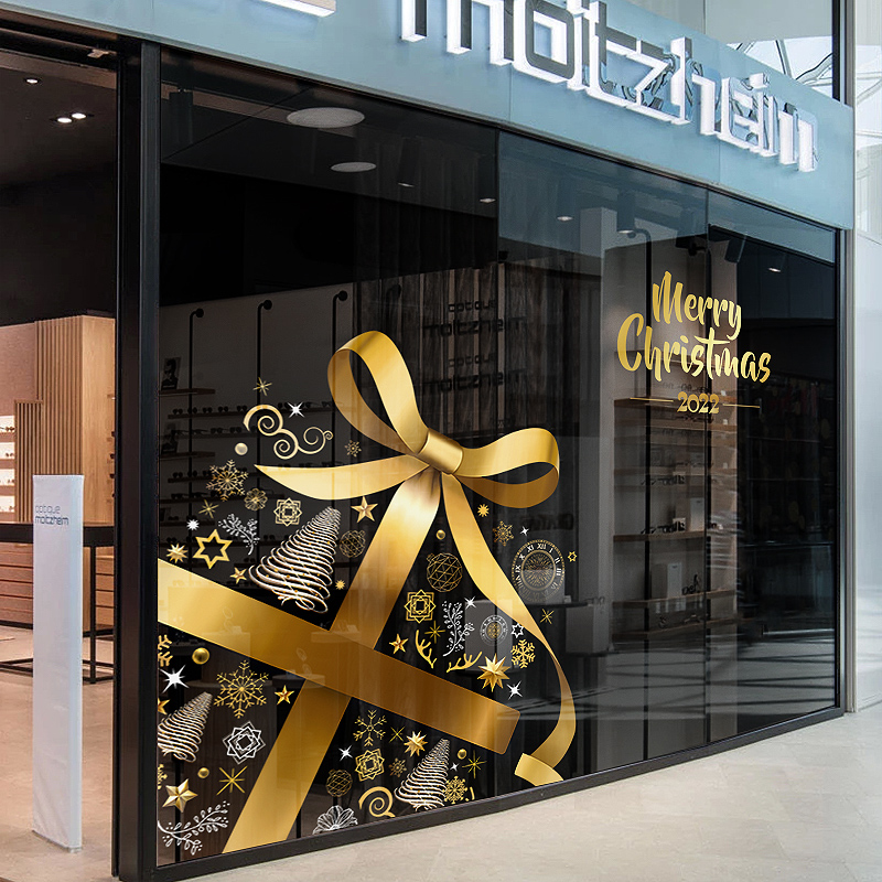 圣诞节装饰贴画金色蝴蝶结礼物窗花店铺橱窗玻璃门墙贴