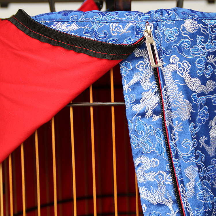 刺绣画眉鸟藏蓝色龙纹绸缎唐装防蚊双层布料画眉笼笼罩子平顶笼衣