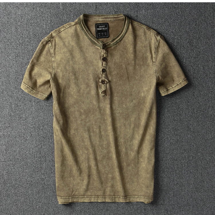 外贸原单重水洗复古做旧短袖T恤 夏季亨利领男士休闲T恤个性潮