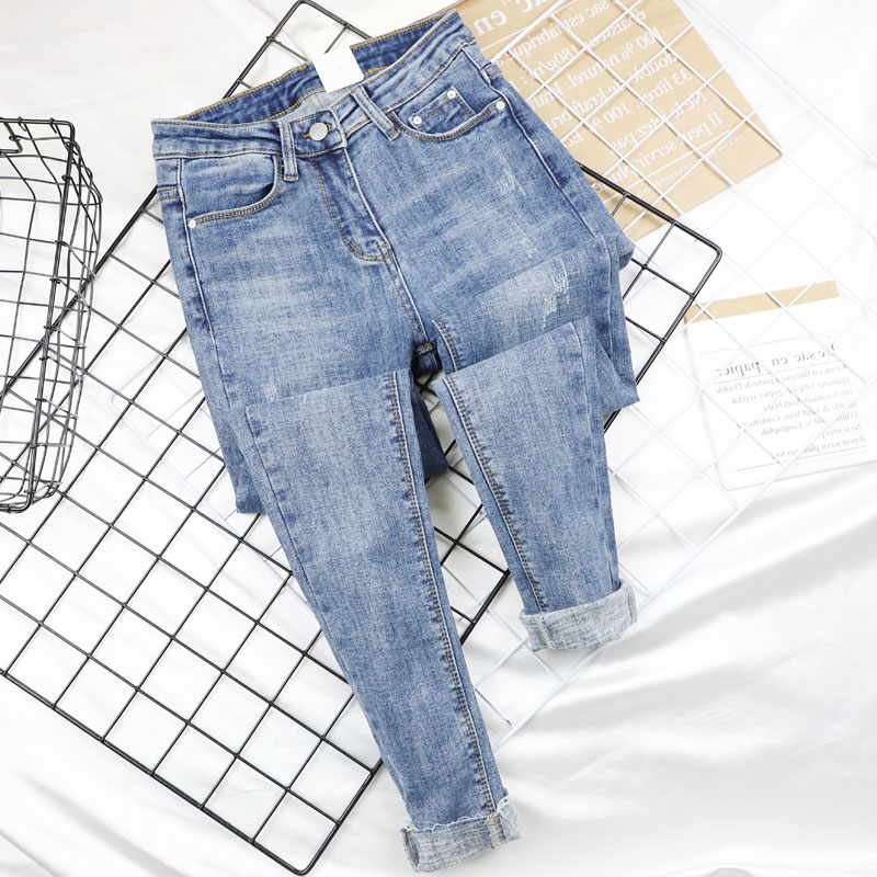 浅蓝色牛仔裤女2021年秋季新款韩版潮高腰紧身显瘦弹力九分小脚裤