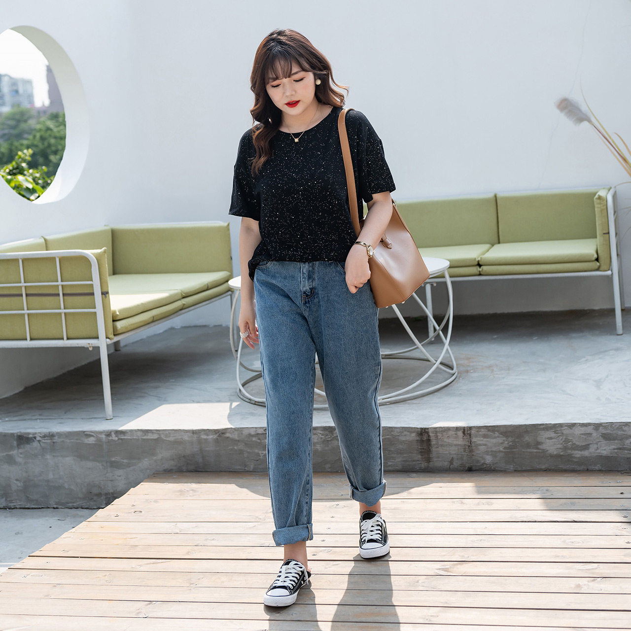 蓝若水大码女裤2020春装新款胖mm宽松大腿粗的女生裤子哈伦牛仔裤