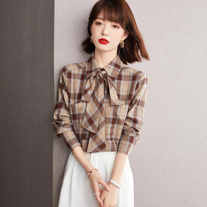 正品哥弟新款女装2022年春季英伦风系带蝴蝶结格子衬衫