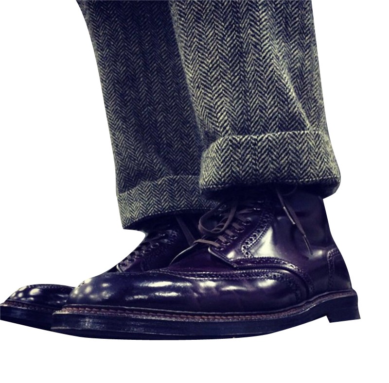 欧美原创设计复古休闲人字纹羊毛呢直筒西裤子男装潮卷边裤长裤