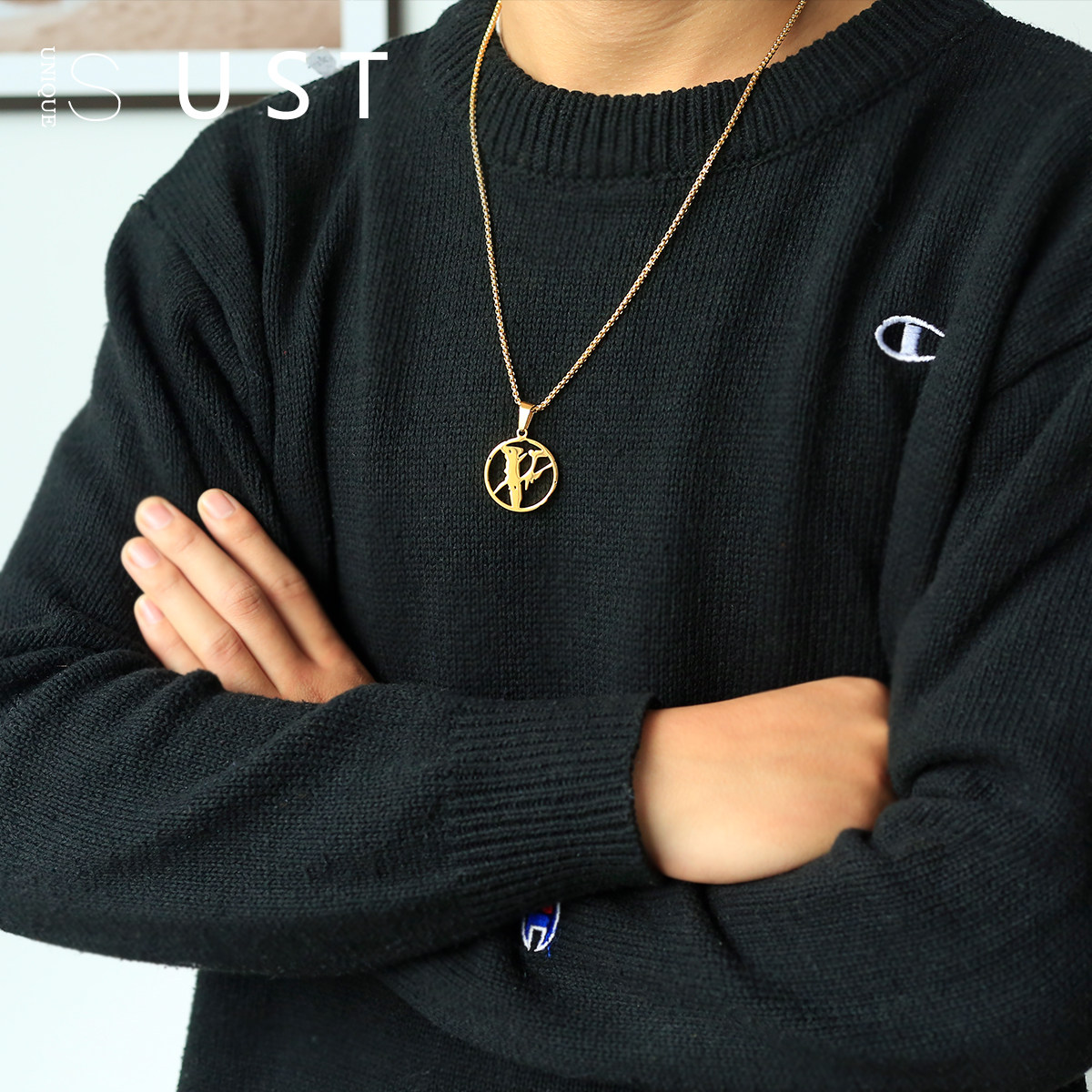 简约潮牌个性藤原浩闪电项链男女酷ins嘻哈百搭钛钢吊坠长毛衣链