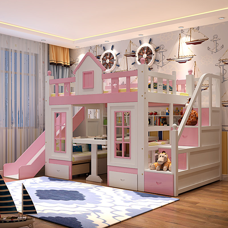 实木子母床儿童床带书架书桌梯柜上下床城堡滑梯公主床高低双层床