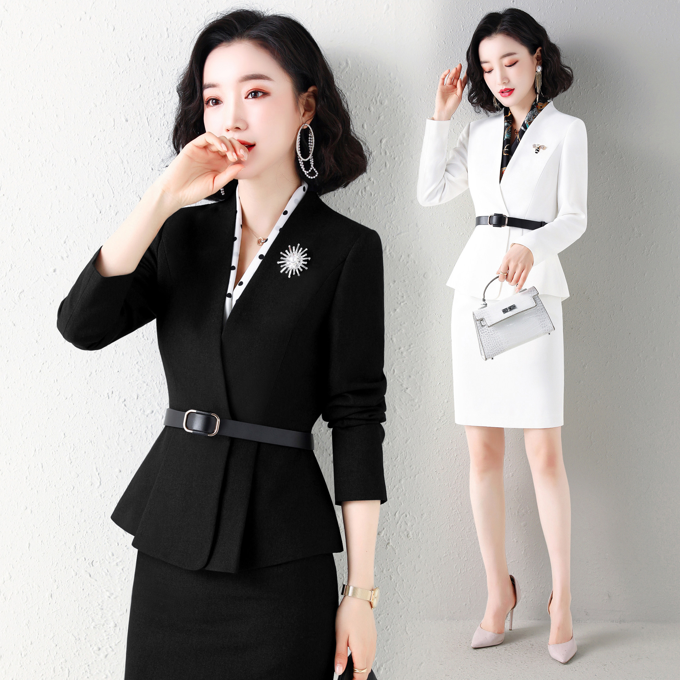 白色职业套装女神范西装套裙美容院西服高端名媛主持人职业女裙套装