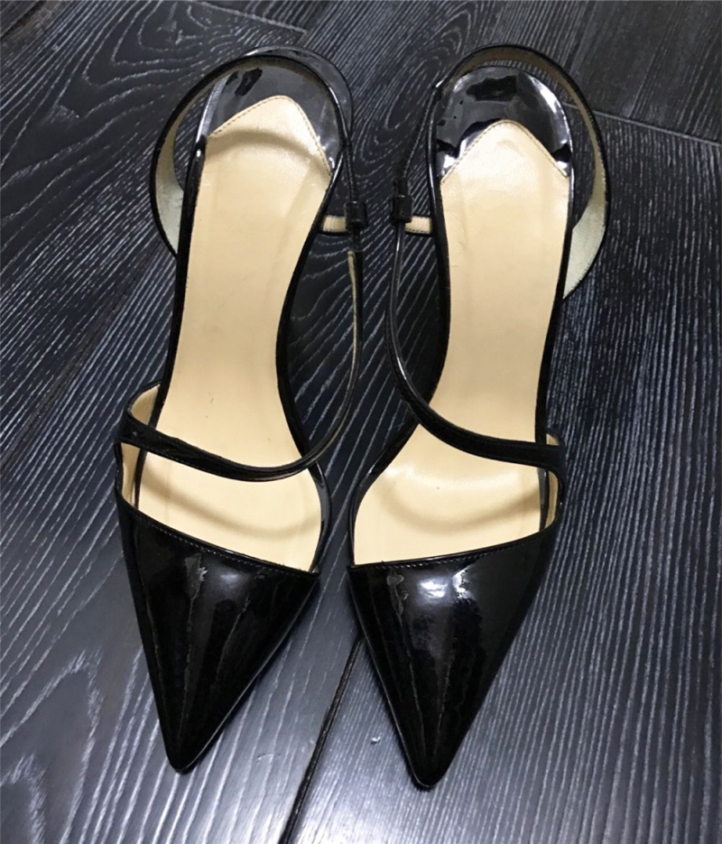 欧美早春新款超高跟鞋细跟尖头黑色漆皮s绑带单鞋气质百搭10cm - 三坑