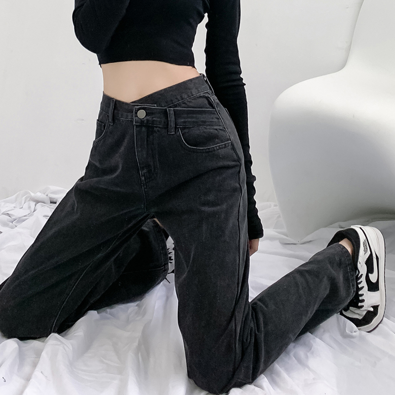 黑灰色直筒牛仔裤女秋冬高腰显瘦设计感宽松阔腿裤小个子拖地加绒
