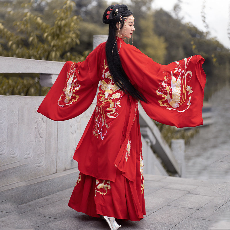 曹县原创汉服女款黑凤凤兮凰大袖衫红色交领汉服