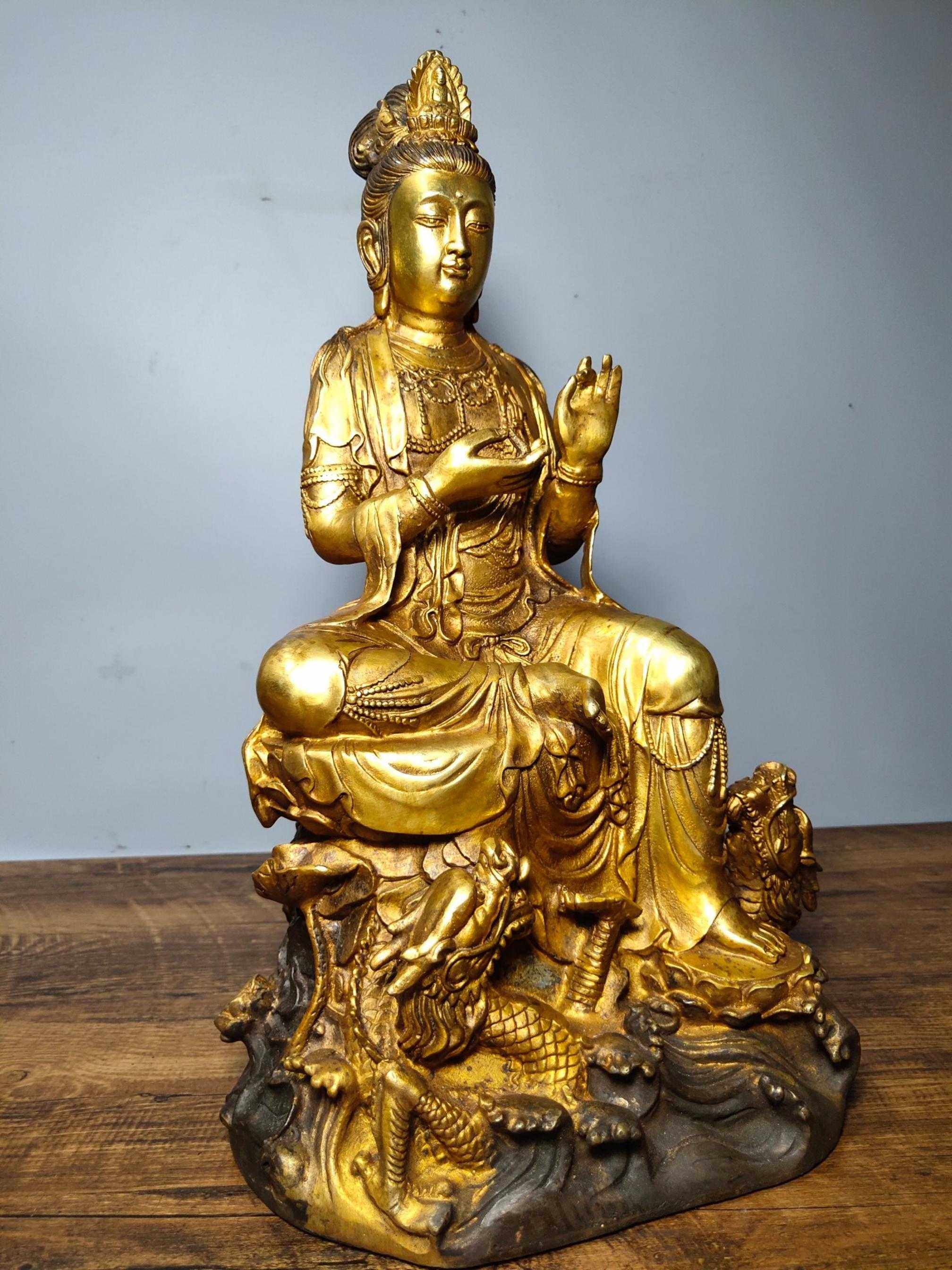 老铜老件铜鎏金高16公分5公斤降龙自在观音菩萨圣诞礼品
