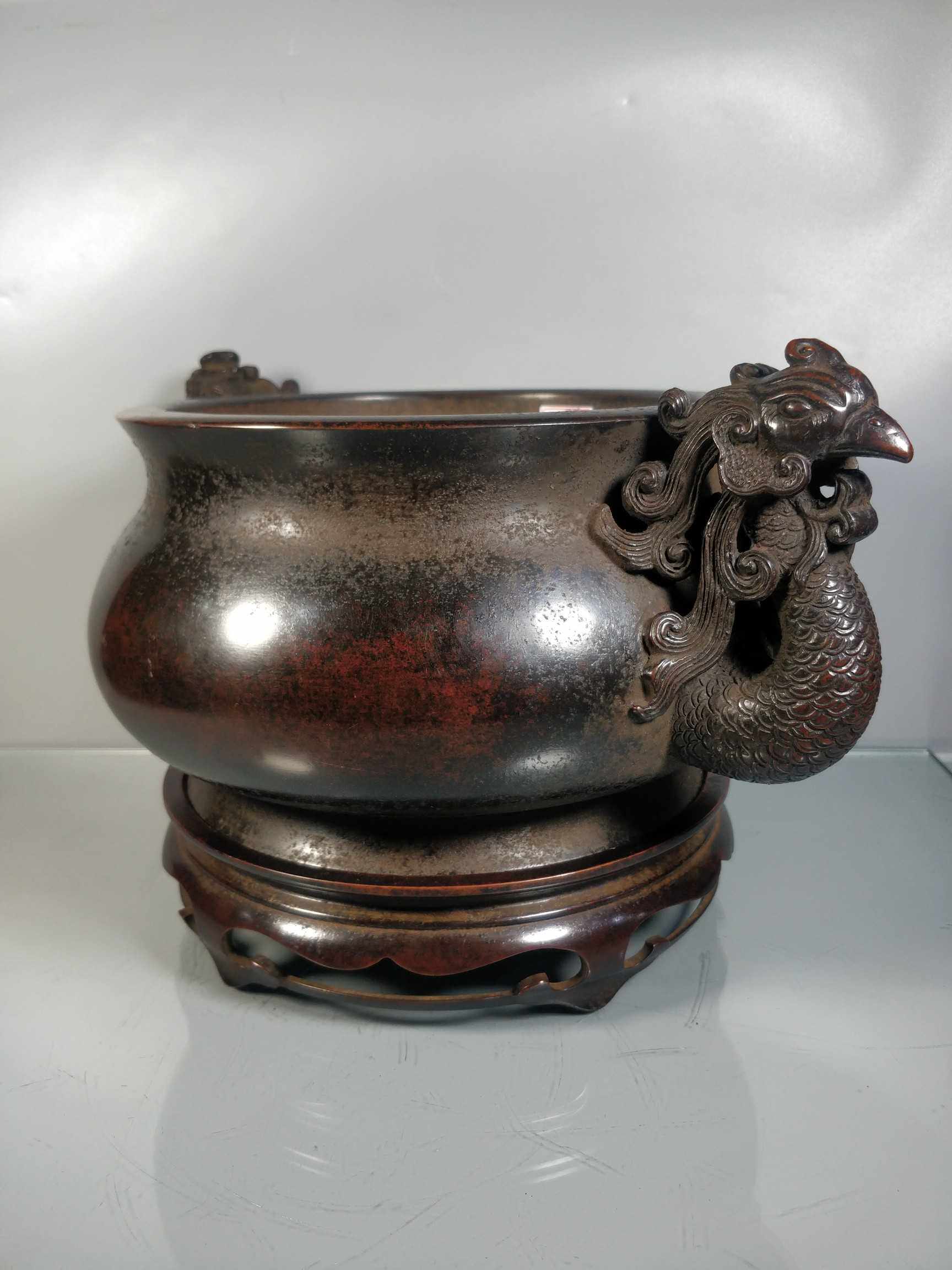 老件紫铜间胡文明款高20公分115公斤凤首双耳套香炉摆件