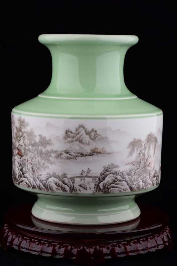 官窑275水尊图山访友高士21公分彩高王云泉釉墨摆件