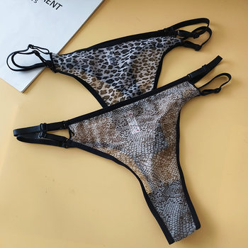 New sexy leopard print see-through thin mesh thong women's low waist adjustable thin strap hollow T pants breathable underwear
