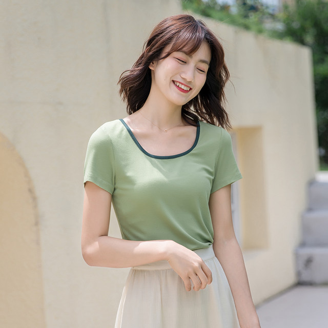 Net red Korean version of the contrast design sense of women's short-sleeved t-shirt women's summer 2020 new short top ins super hot trend Net red Korean version of the contrast design sense of women's short-sleeved t-shirt women's summer 2020 new short top ins super hot trend