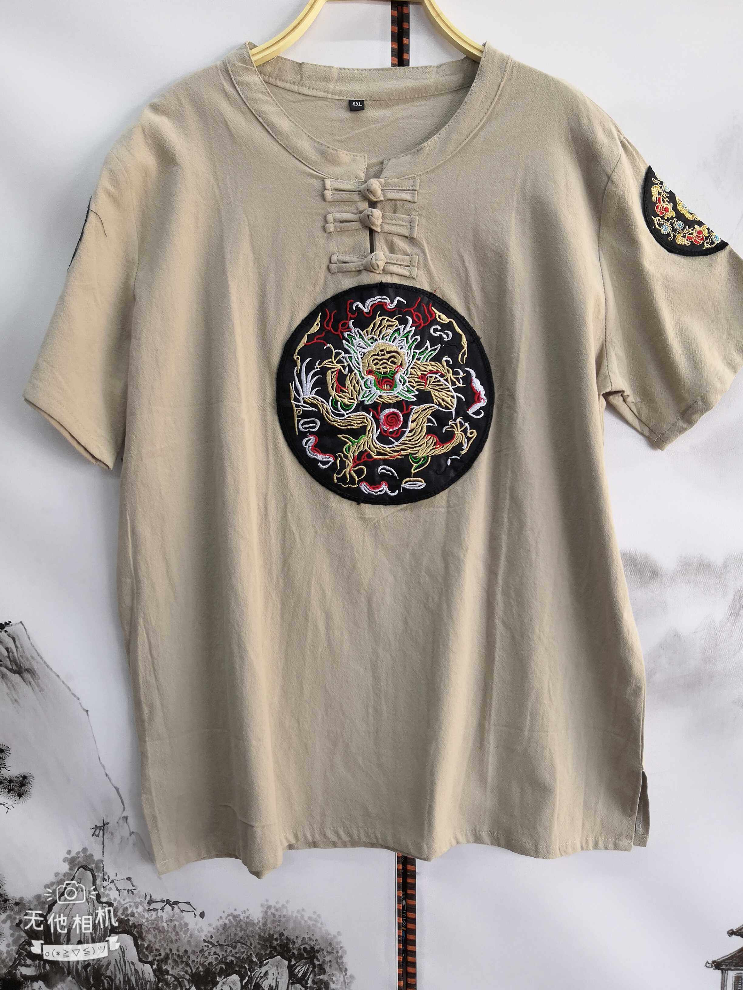 刺绣上衣中国国风短袖复古亚麻男装棉麻夏季t恤