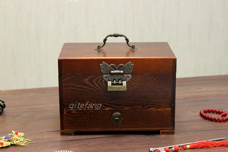 网红实木木制复古首饰盒便携式多层层带木质仿古首饰盒
