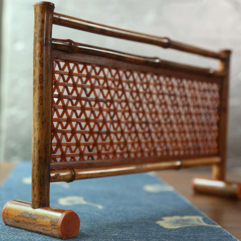 梅鹿竹编屏风茶道禅意摆件台面围栏紫竹结界茶宠摆件