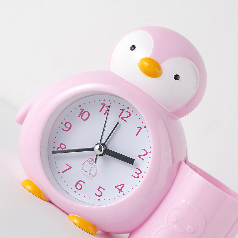 纯色企鹅笔筒闹钟办公室桌面时钟钟表床头定时台钟