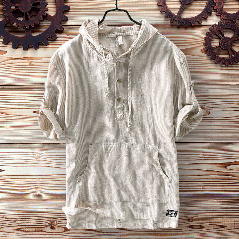 春夏季薄款棉亚麻料短袖带有连帽衫卫衣体恤男青年港风潮牌半袖