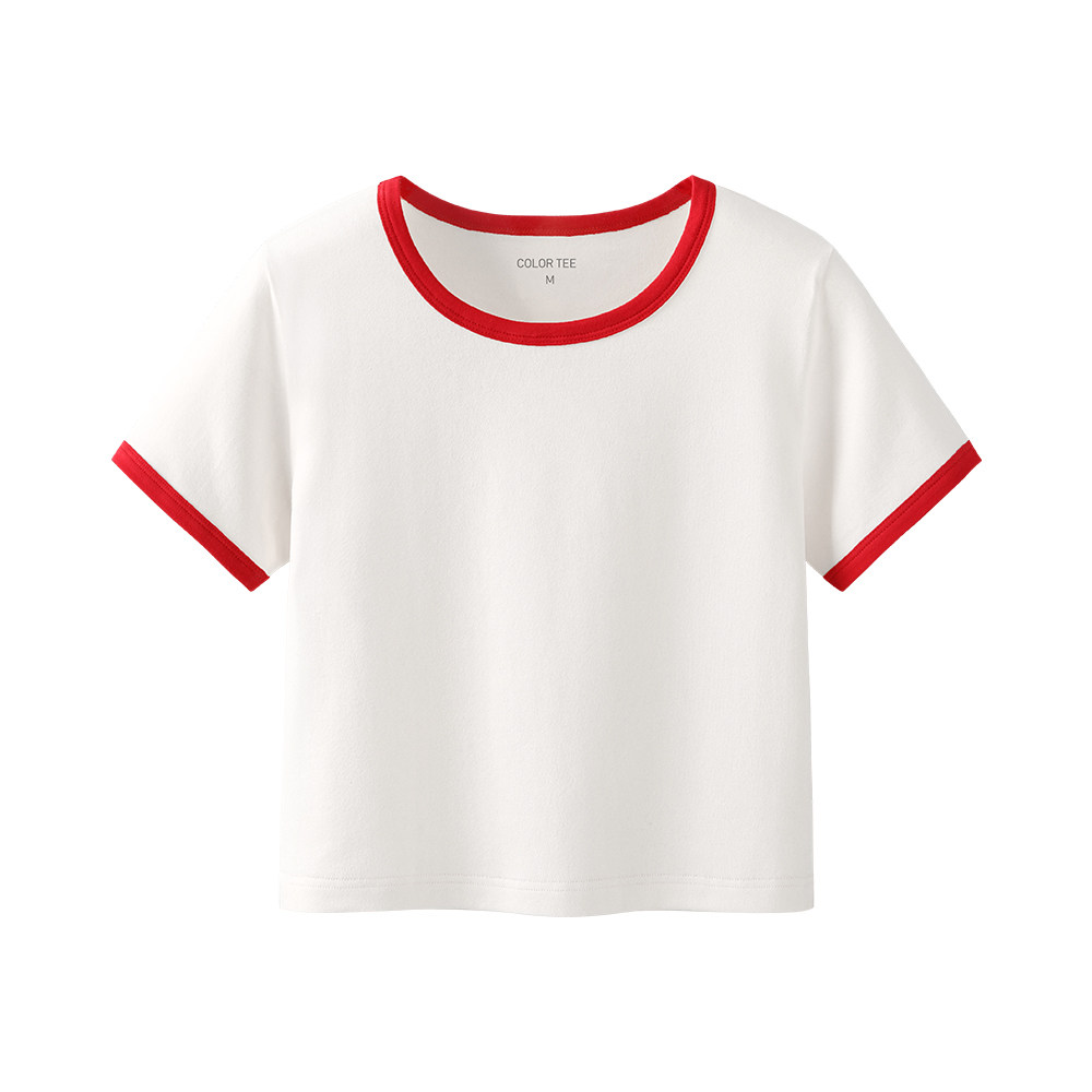 艾米恋高腰短款上衣女露修身短袖夏季白色纯棉t恤