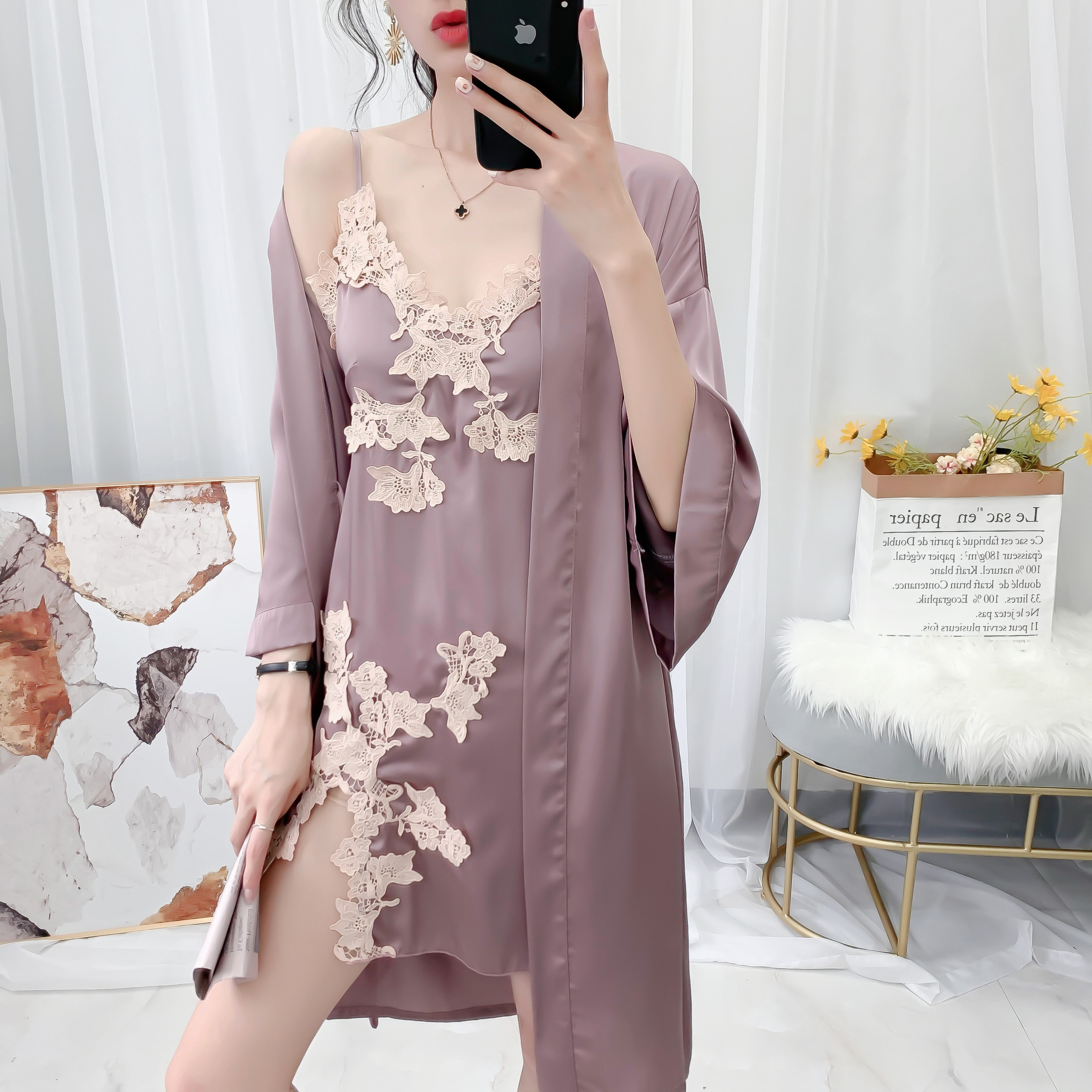 睡衣夏季仿丝性感吊带睡裙两件套装中长家居服睡衣