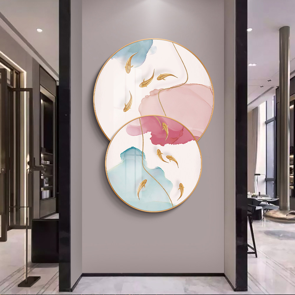 九鱼图入户玄关装饰画轻奢餐厅玄幻背景墙走廊过道圆形壁画挂画