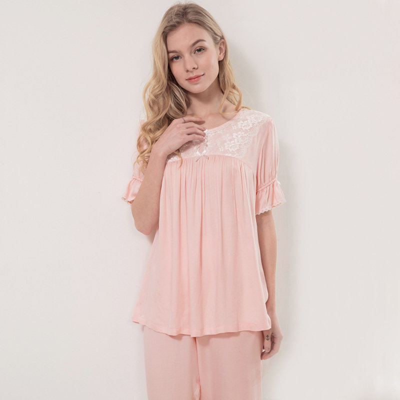 isyfen伊丝芬睡衣女粘纤纯色短袖长裤19夏天新品家居服套装39869