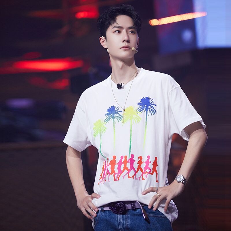 王一博恤男韩版半新款2021短袖白色宽松沙滩衣服t恤