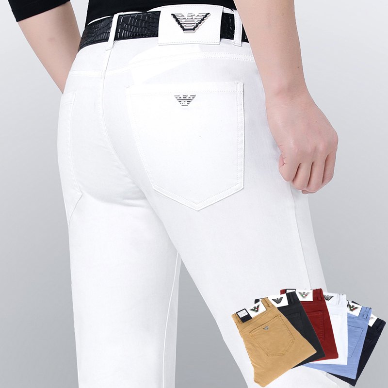 春夏新款奇 阿玛尼 亚白色牛仔裤男直筒修身纯棉中腰名牌休闲裤子