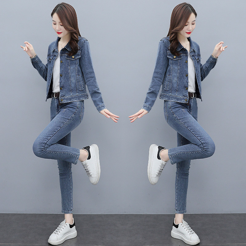 套装牛仔春秋修身显瘦短款上衣弹力小脚牛仔裤时尚套装