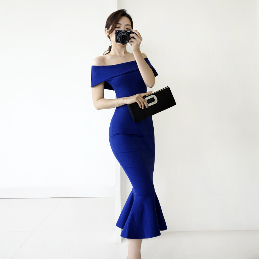 礼服2022夏装新款气质名媛鱼尾一字修身显瘦包臀长款连衣裙