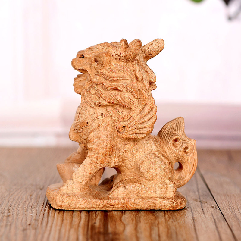 风水阁桃木麒麟摆件木雕木质一对家居卧室办公室摆件