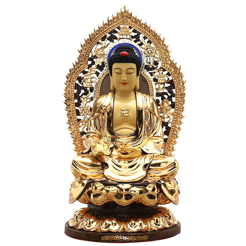 摆件风水阁铜鎏金释阿弥陀佛像莲花座带背光家居摆件