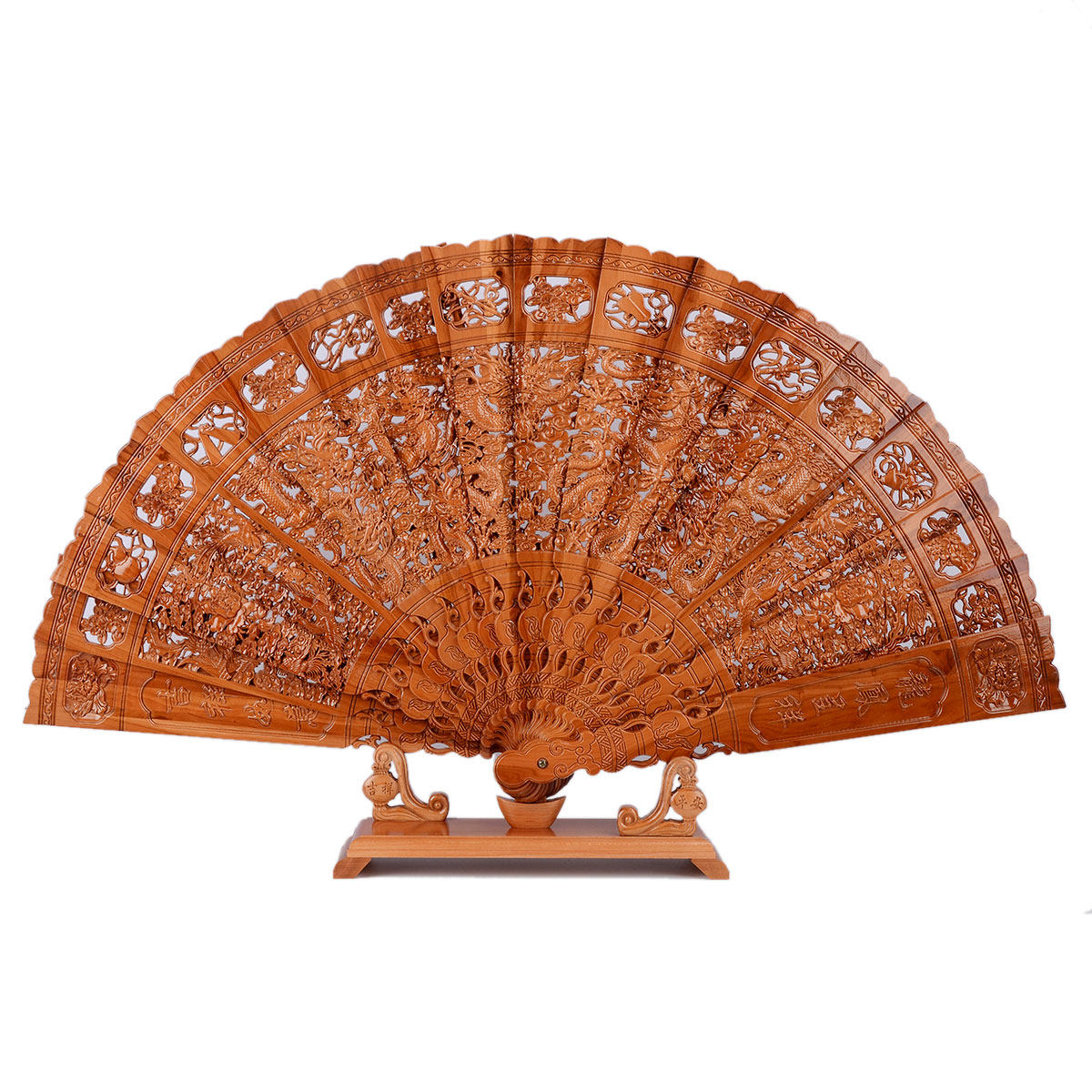 水阁桃木扇子折扇百鸟朝凤实木雕刻摆扇木雕