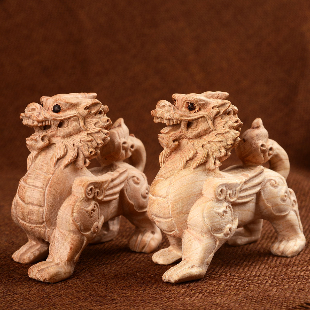 风水阁 肥城桃木麒麟摆件小号木雕麒麟家居摆件适合卧室摆放