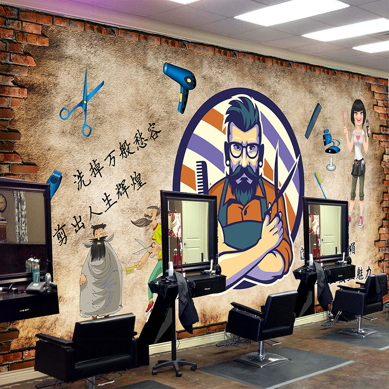美容美发店装饰背景墙个性3d立体复古砖墙理发店壁画发廊墙纸壁纸