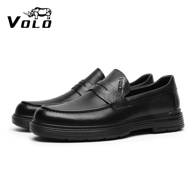volo犀牛皮鞋休闲皮鞋男士春秋商务正装头层牛皮黑色套脚皮鞋男